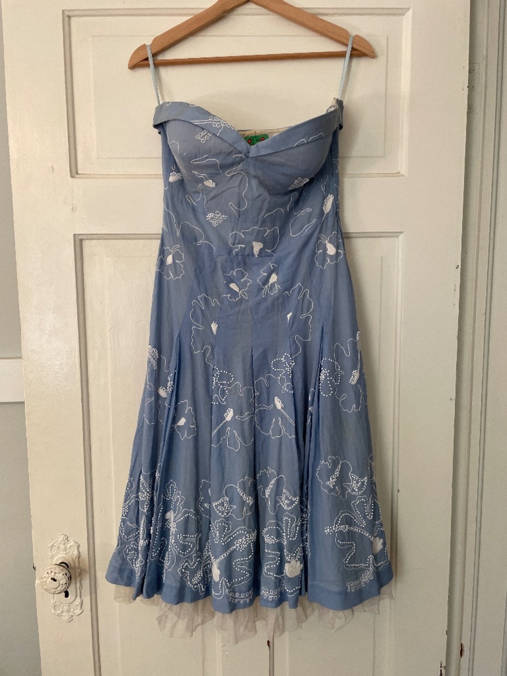Vintage Tibi sky blue embroidered strapless dress